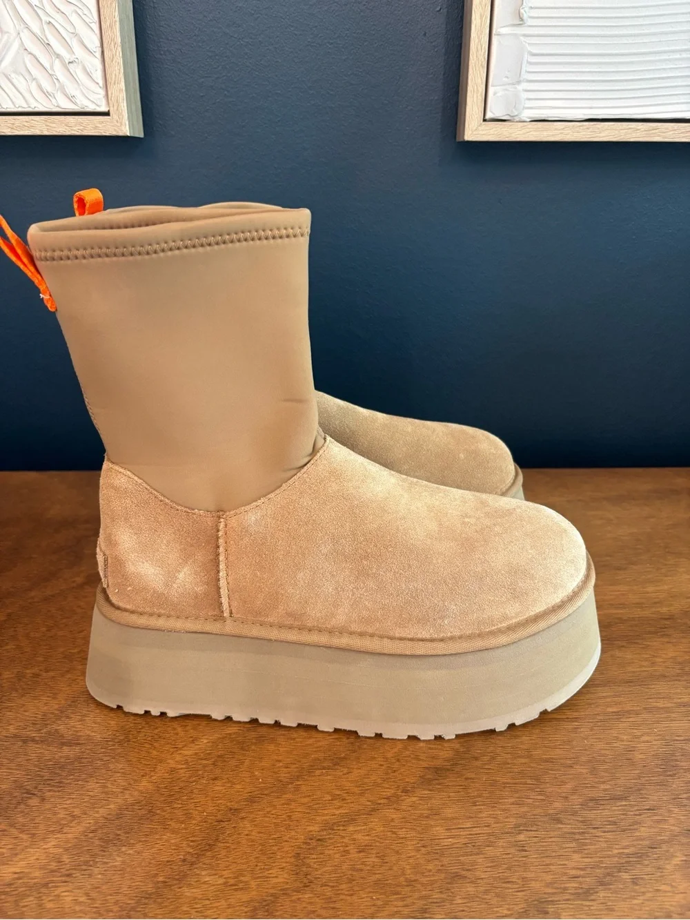 UGG Tan Suede Zip Ankle Boots with Orange Pull Tab